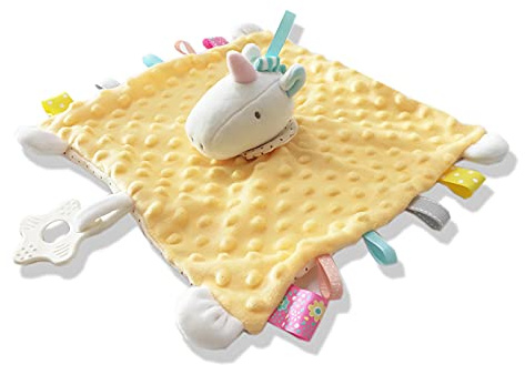 Yellow Unicorn Security Blanket with Tags Lovey Teether Toys Infant Stuffed Animal Taggy Blanket Soft Plush Minky Dot Baby Snuggle Blanket with Rattle Crinkle, Shower Gift for Newborn Infant