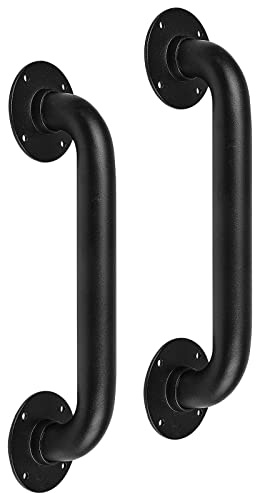 Purife 2 Pack 12inch Black Industrial Pipe Wall Handrail - Iron Staircase Safety Hand Railing, Barn Door Pull Handle, Indoor & Outdoor Deck Hand Rail, Iron Banister Rail, Loft Steps Hand Rail