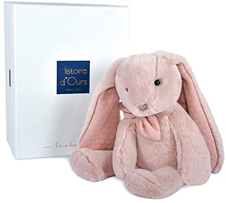 HISTOIRE D'OURS - Grande Peluche Doudou Lapin - Rose - 40 cm - Collection Preppy Chic - Idée Cadeau Enfants ou Naissance pour Bébé - Doudou Très Doux & Elégant - Avec Boite Cadeau - HO3137