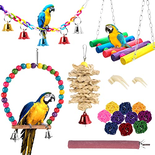 Vogelspielzeug für Vögel, 17er Set Wellensittich Spielzeug, Vogelschaukel Kauspielzeug, Vogelspielzeug für Wellensittiche, Aras, Nymphensittiche, Papageien, Sittiche, Finken (17er Set)
