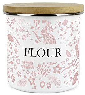 Purely Home Wild Rabbits Pink Flour Storage Canister - White Metal Enamel Kitchen Food Storage Container
