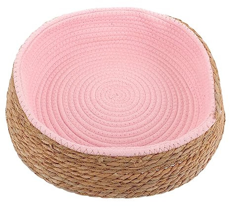 POPETPOP Woven Rattan Pet Cushion and Small Dog Cat Bed, Wear-resistant Wicker Mat, Cozy Warm Sleeping Pad for Indoor Pets, Pink Puppy and Kitten Sleeping Cushion
