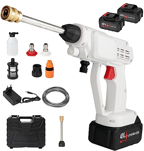 Akku Hochdruckreiniger, 21V Max 30Bar Mobile Akku-Hochdruckreiniger mit 2 Akku 5 m Schlauch Ladegerät Tragbarer Hochdruckreiniger für Auto, Terrasse, Fenster, Rasen, Pool Weiß