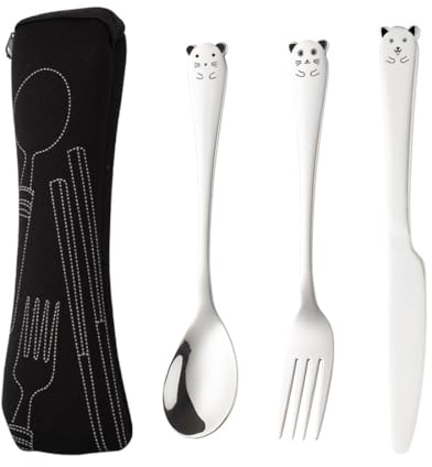 JOCXZI Set di Posate per Ragazzi,Set di 3 Posate per Bambini Portatili con Coltello, forchetta e Cucchiaio in Acciaio Inossidabile 304 con Motivo a Cartoni Animati, Fornito con Scatola