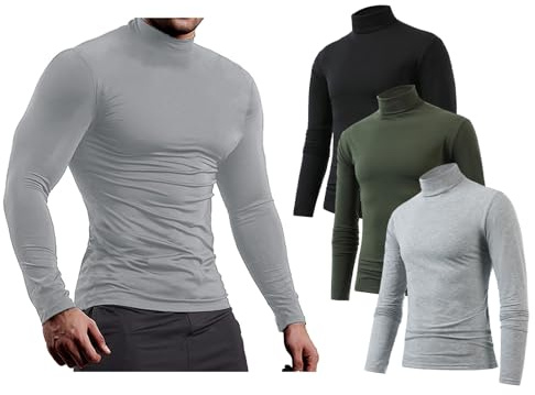 Jamron 3-pack långärmade kompressionsskjortor för män – sport löpning baslager toppar – termiska stoppade halsundertröjor, Svart + Armégrön + Ljusgrå, XL
