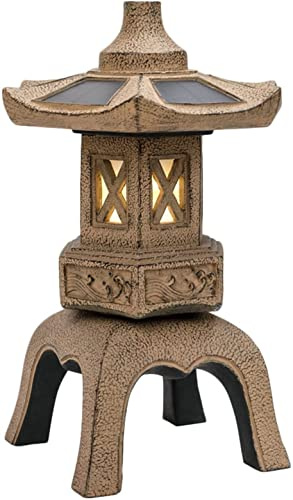 18.9In Tall Stone Pagoda Outdoor Statue, Waterproof Zen Japanese Lantern Garden Sculpture Solar Powered LED Light Outdoor Decor