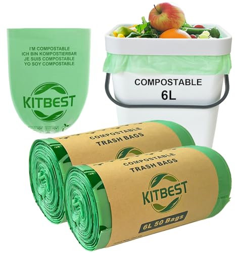 Sacchetti per rifiuti alimentari compostabili da 6 l, sacchetti biodegradabili Kitbest con certificazione EN13432 per la casa, compost, cucina, sacchetti della spazzatura