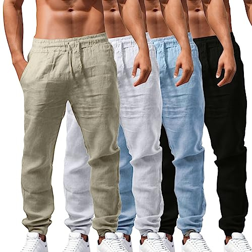 Genérico Pantalón Lino Hombre Pantalones Elásticos con Cordones Pantalones de Algodón y Lino Transpirables de Color Negro 4XL Pantalones Casuales de Verano y Otoño para Hombre