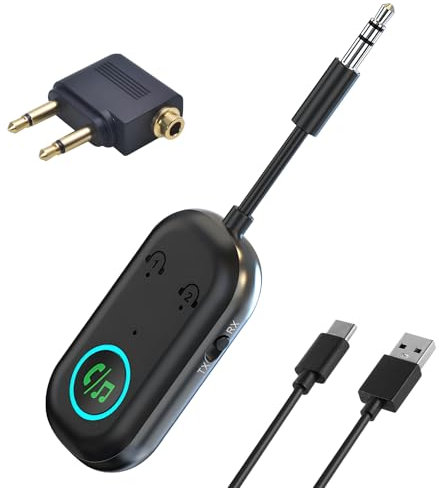 Bluetooth 5.3 Audio Transmitter Receiver for TV AirPods Headphones Airplane Speaker Tablet 3.5mm Jack Dual Connection Pairing Wireless Hi-Fi Bluetoothes Adapter Low Latency for Flight Travel Car Gym