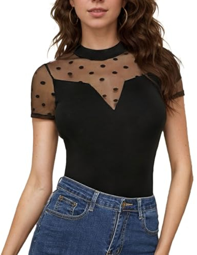 Auriselle de las Mujeres Malla Top Sexy Sheer Malla Manga Corta Top Transparente con el corazón Pattern/Polka Dot Pattern Slim Stretch para Todos los días del Partido del Verano Fecha, Negro, S-L