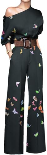 Agiyenna Combinaison Élégante pour Femme à Épaule Unique Taille Haute Jambes Évasées Manches Mi-Longues en Tissu Imprimé avec Poches pour un Style Estival Décontracté à la Mode
