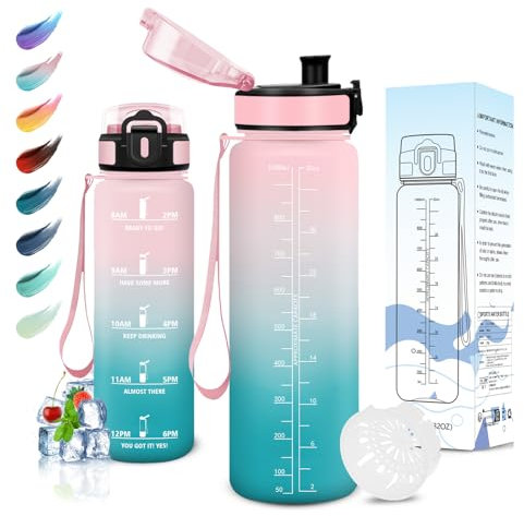 Motswedi Borraccia 1 litro, Senza BPA, Borraccia Palestra, Prova di Perdite, Borraccia Motivazionale, con Filtro, Borraccia Sportiva, Bottiglia Acqua per Bici, Scuola, Palestra, Ufficio, Rosa Verde