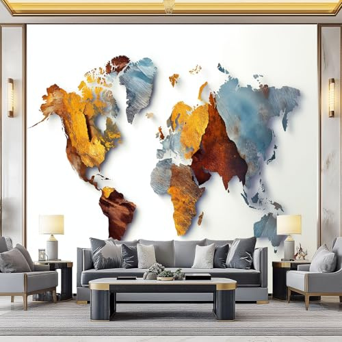 Generico Crema Carta da parati panoramica 250 x 175 cm (L x A), Minimalismo Metallico Mondo Mappa Carta da parati Fotomurale personalizzata per la decorazione del soggiorno e della camera da letto