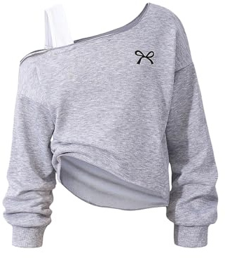 GORGLITTER Girl's Bow Print Cold Shoulder Sweatshirts Asymmetrical Long Sleeve Streetwear Tops Grey 10Y