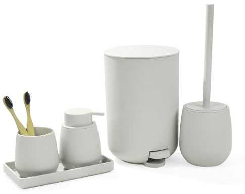 AJEUNGAIN Set Bagno Accessori Completo Beige, Set Accessori Bagno Moderno include Cestino Bagno, Portaspazzolino, Set Scopino WC e Dispenser Sapone, Vassoio da Vanity (Beige)