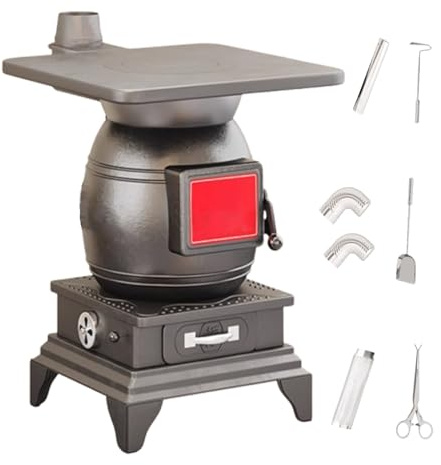 Stufa A Legna In Ghisa Per Interni Con Cassetto Per La Cenere Può Essere Utilizzato Con Diversi Combustibili, Come Carbone, Legna Da Ardere E Rami, Riscaldamento(200cm chimney,36 * 36 * 52cm)