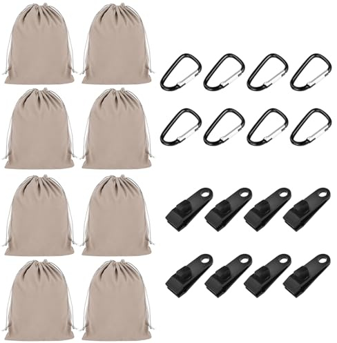 8 Pezzi Borsa Zavorra Portatile per Tenda e Gazebo Esterno, con 8 Borse Riempibili, 8 Moschettoni e 8 Clip, Pesi per Sabbia Stabilizzanti Contro il Vento per Campeggio, Tende Esterne, Tovaglie