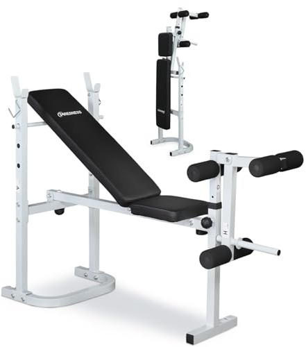 LEADZM Pliable Banc de Musculation Réglable avec Support pour Haltères, Dossier/Siège Réglable sur Trois Positions, Adapté à un Entraînement Complet, Capacité de Charge 200 kg (Noir et blanc)