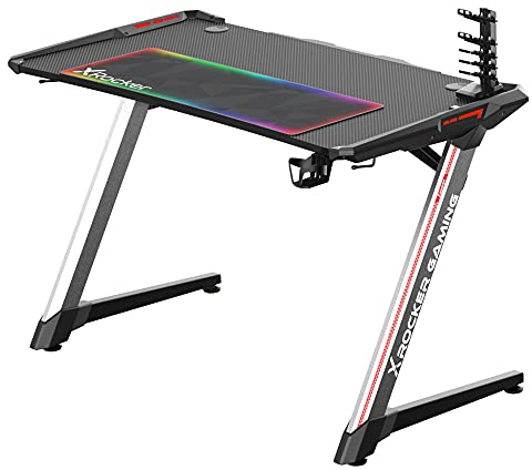 X-Rocker Lynx Gaming Tisch mit LED 120 x 60 cm, Gaming Schreibtisch Y-Frame, Ergonomischer Gamer PC Tisch mit Getränkehalter, Kopfhörerhaken, Stabiler Computertisch, Schwarz