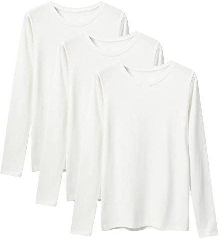 LiKing Camiseta de Manga Larga Mujer Básico Camisa Blusas Tops con Cuello Redondo en Algodón, Pack de 3 Crema 6151 Medium