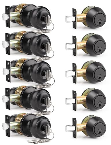 Brotima 5 Pack Keyed Alike Front Door Knob and Deadbolt Set, Entry Door Locksets with Single Cylinder Deadbolt, Matte Black Flat Round Door Lock Set for Bedroom/Office/Exterior Doors