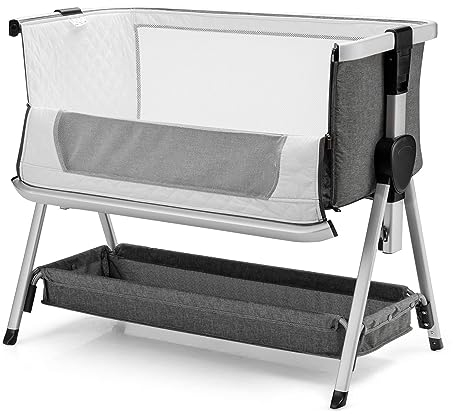 DREAMADE Beistellbett Höhenverstellbar, Zustellbett mit Matratze & Aufbewahrungskorb, Kinderbett mit Rollen, Babybett Faltbar für Baby 0-6 Monate bis 9 kg (Dunkelgrau)