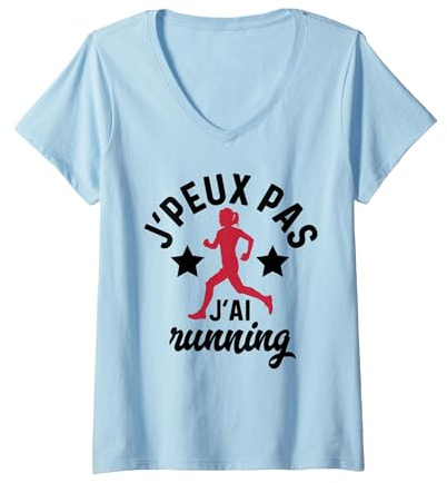 Femme J'peux Pas J'Ai Running Cadeau Coureurs Fan Course à Pieds T-Shirt avec Col en V, Bleu Céleste, S
