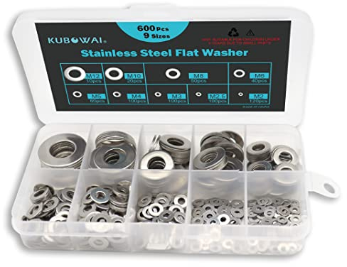 KUBOWAI Lot de 600 Rondelles en Acier Inoxydable, Rondelle de Blocage, Combinaison de Rondelles Plates, avec Boîte D'assortiment, M2, M2.5, M3, M4, M5, M6, M8, M10, M12 (9 Tailles)