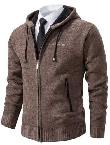 Shuanghao Men's Cardigan Sweater Knitwear Jacket Coat Classic Casual Thick Velvet Wool Fleece Warm Long Sleeve Relaxed Fit Zipper Knitwear Sweatshirt Active Sweater for Men UK Coffee S(Hooded)