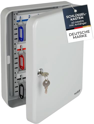 HMF Cassetta Porta Chiavi Grande in Acciaio, Armadietto Portachiavi con Serratura per Ingresso, Studio o Garage | 40 Ganci Portachiavi | 30 x 24 x 7,5 cm | Grigio Chiaro