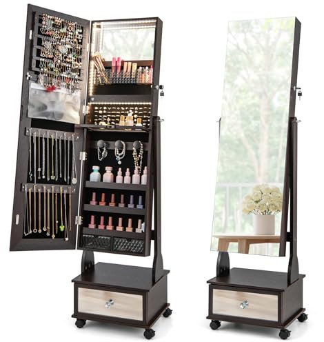 COSTWAY Armoire à Bijoux sur Roulettes, Verrouillable, Organisateur de Bijoux sur Pieds avec Miroir Psyché sans Cadre, Miroir Intégré avec Lumières LED 3 Couleurs, Étagère Pliable (Café)