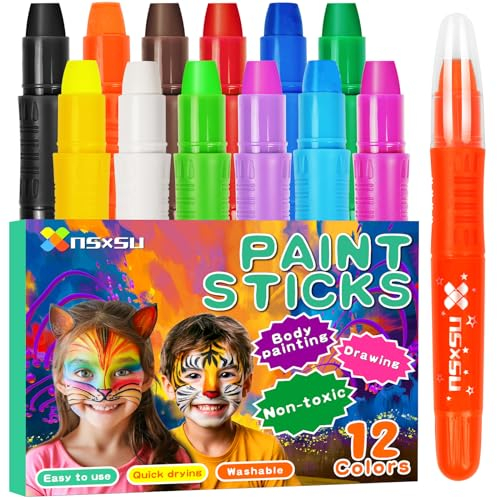 nsxsu Kids Face Paint Sticks 12 Colors, Washable Face Paint Pens for Children, Body Paint Crayons for Birthday Halloween Makeup Party, Mess Free Girls Boys Facepaint Kit