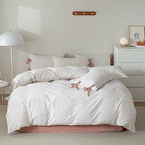 mixinni Floral White Twin/Twin XL Comforter Set Dorm Bedding - Garden Style Pink Rose Flower Bed Sets Comforters for All Seasons, Includes 1 Cute Floral Comforter and 2 Bow Tie Pillowcases