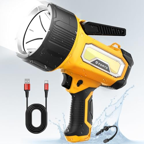 FORTO Rechargeable Spotlight, 200000 Lumens Handheld Spot Light with Foldable Stand, 6 Modes IPX7 Waterproof LED Spot Lights for Walk the Dog Hunting Camping Hiking Boating (Yellow)