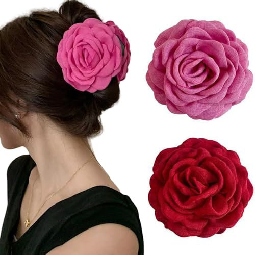 TOFBS Pince Cheveux 2 Pcs Fleur Pince Griffes Colorée Maintien Fort Grandes Antidérapantes Élégantes Accessoires pour Femmes Filles（Rose + Rouge）