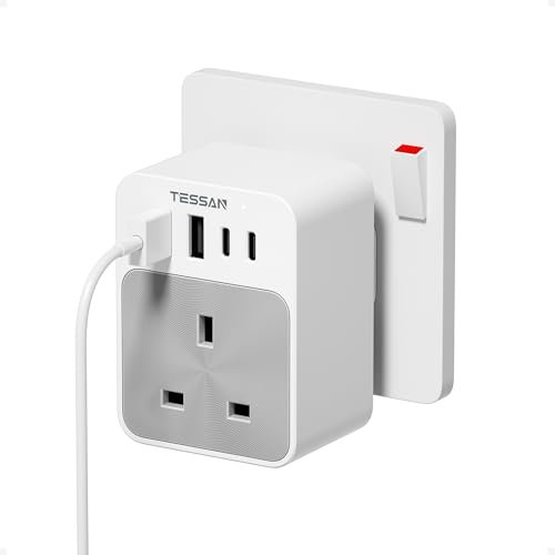 TESSAN USB C Plug Adaptor UK, Multi Plug Extension Socket with 4 USB Charger, 1 Way Wall Charger Sockets 3250W, Power Adapter for Home, Kitchen, Office, School Supplies