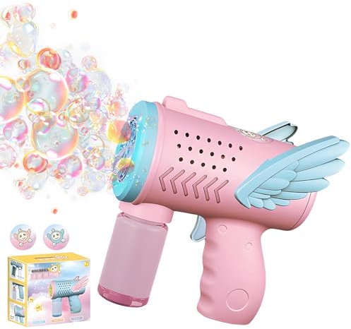 Pistola de Burbujas, Fancysky Maquina Burbujas NiñOs, con 150 Ml de Agua de Burbujas, MáQuina de Burbujas con Luz, para Fiestas, Parques, Viajes, Pistola de Pompas AutomáTica (Ángel Rosa)