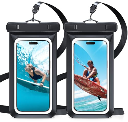 Jrkvniv Pochette Étanche pour Téléphone, Lot de 2 Coque pour iPhone 16e 16 15 14 13 12 Pro Max Plus, pour Samsung Galaxy S25 S24 Ultra, pour Xiaomi Redmi Note 13 et Autres Jusqu'à 7 avec Lanière, Noir