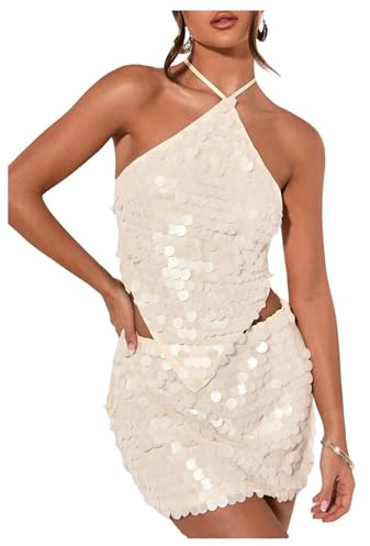 SweatyRocks Women's Sexy Sequin Halter Asymmetrical Y2k Going Out Tops