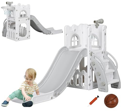 AIYAPLAY Kids Slide, 5 in 1 Toddler Slide with Basketball Hoop, Climber, Telescope, Storage Basket, Indoor Playset for 1-3 Years, Grey