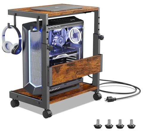 Supporto a torre per computer regolabile in altezza con carrello ATX a 2 livelli, supporto per computer da pavimento, supporto per stampante con spazio di archiviazione, ruote di bloccaggio, si adatta