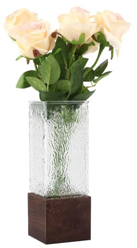 Artistic Square Wood Glass Vase,10 Inch Tall Flower Vases Bottles with Wooden Base,Boho Rustic Farmhouse Vase for Fireplace Living Room Kitchen Bedroom Wedding Centerpiece Table