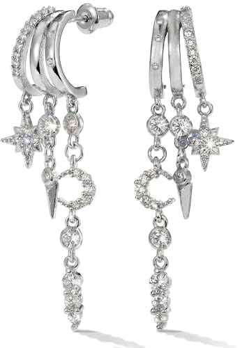 MUMREUES Orecchini Donna 14K Argento Placcato orecchini a catena con frangia Zircone Cerchio Pendenti Stelle e Luna Ipoallergenici Gioielli Da Donna Earrings Regali Di Compleanno