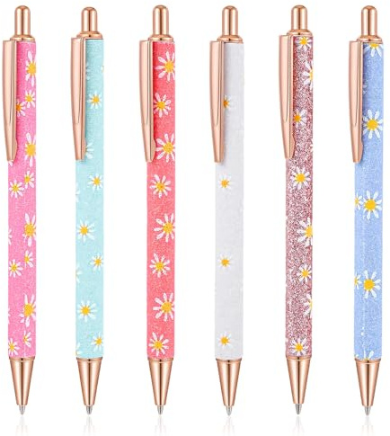 TIESOME Set med 6 pennor Aesthetic 1 mm, retraherbara gelpennor med blommigt mönster och svart bläck, snygga släta pennor för kollegor, present till kontor
