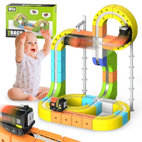 51-167pcs Clickrail Magnet Tren, Cubix Magnet Bahn, Magic Rail Block Tren, Auto-Bahn Magnetic Auto-Bahn, DIY Magnetic Zugstrecken-Set für Kinder, Schwerkraftwidrige 3D Einelassene Layouts (B-105pcs)