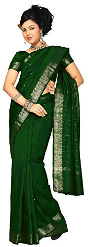 Sanskruti India Womens Indian Ethnic Traditional Banarasi Art Silk Saree Sari Wrap Fabric Dress Drape (Dark Green)
