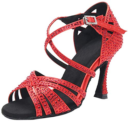 MGM-Joymod Sandali da Ballo da Donna Aperti in Punta con Cinturini Incrociati e Strass Ideali per Feste Matrimoni Balli Latini Moderni e Tango, Rosso Scuro Tacco da 9cm, 38 EU