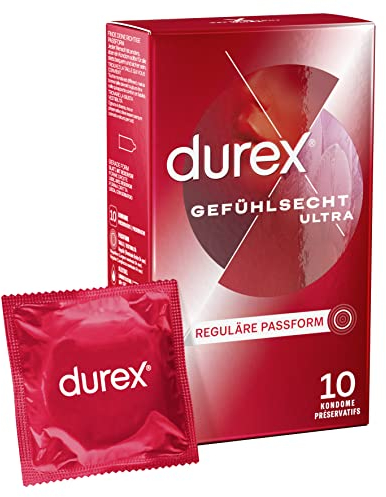 Durex Gefühlsecht Ultra Kondome – 20% dünnere Kondom-Spitze, befeuchtet, transparent, angenehmer Geruch – 10er Pack (1 x 10 Stück)