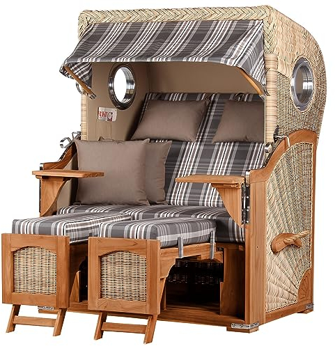 bene living Strandkorb Ammersee Teak Bullauge - PE Shell - Modell 522 - Zweisitzer inkl. Liftersystem