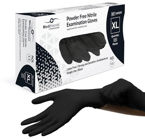 Farla Medical MediHands Disposable Extra Large Nitrile Gloves - Powder Free and Latex Free Surgical Gloves - Multi-Purpose, Single Use Medical Gloves - Box of 100, Black